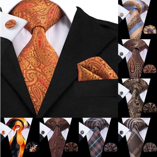 Hi-Tie Luxury Silk Brown Paisley Floral Ties for Men Tie Set Ties and Handkerchiefs Fashion Designer Business Wedding Mens Ties