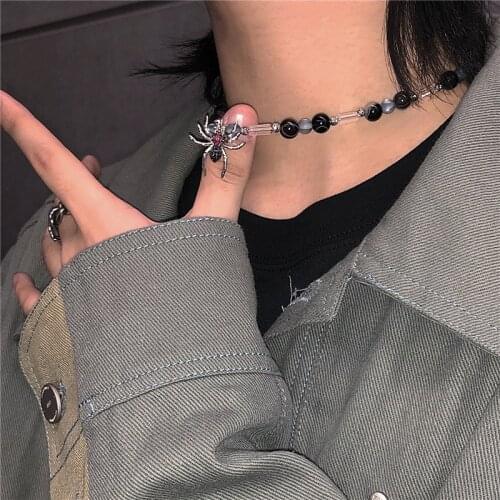 Goth Beads Spider Pendant Necklace For Men Women Punk Design Clavicle Chain With Rhinestone Kpop Vintage Charm Choker Streetwear