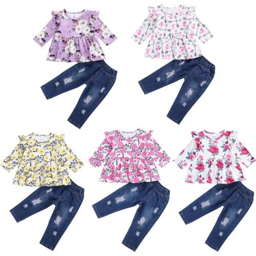 Imcute Baby Spring Autumn Clothing 2 Pieces Kids Clothes Set Floral Print Round Neck Long Sleeve Top and Ripped Jeans for Girls