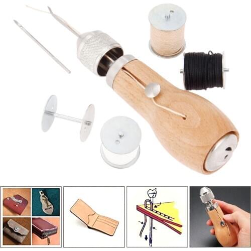 Leather Craft Automatic Lock Stitching Sewing Awl Set with Needles Wrench Waxed Thread Shaft Line Home DIY Hand Tool Sewing Set