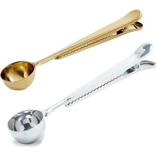 Two-in-one Stainless Steel Coffee Spoon Sealing Clip Kitchen Gold Accessories Recipient Cafe Expresso Cucharilla Decoration