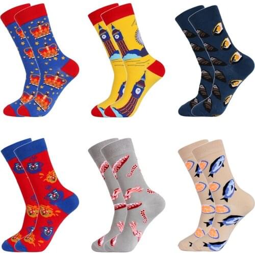 Trendy fashion men and women crew cotton socks Abalone lobster fish coffee crown funny villain Delicious food man sock gift