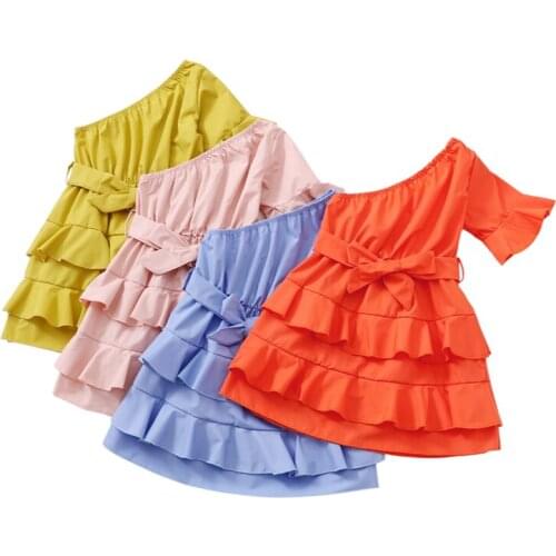 Lioraitiin Girl’s Sweet Short-sleeved Ruffles Dress Fashion Solid Oblique Shoulder Multi-layer Bow Ruffle Hem Princess Dress