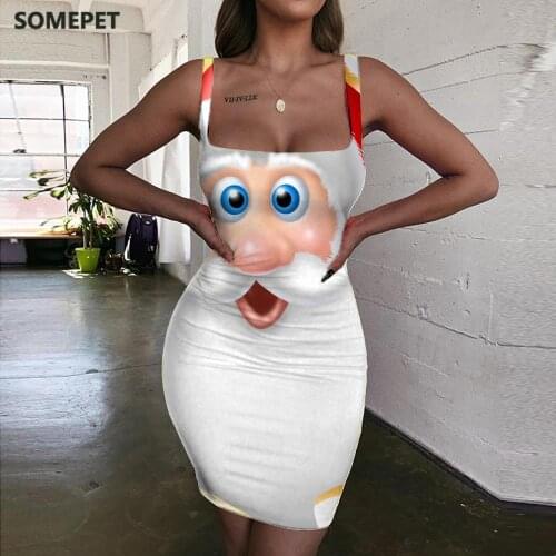 SOMEPET Santa Claus Dresses Women Christmas Ladies Dresses Painting Bodycon Dress Party Halter Sleeveless Womens Clothing Club