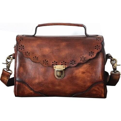 Luxury Genuine Leather Pleated Women Bag Tote Handbags Brown Lady Shoulder Bags Retro Female Natural Cow Leather Crossbody Bag