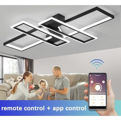 Modern LED Chandelier For Living Room Bedroom Kitchen Home Indoor Ceiling Lamp With Remote Control Rectangle Black Light Fixture