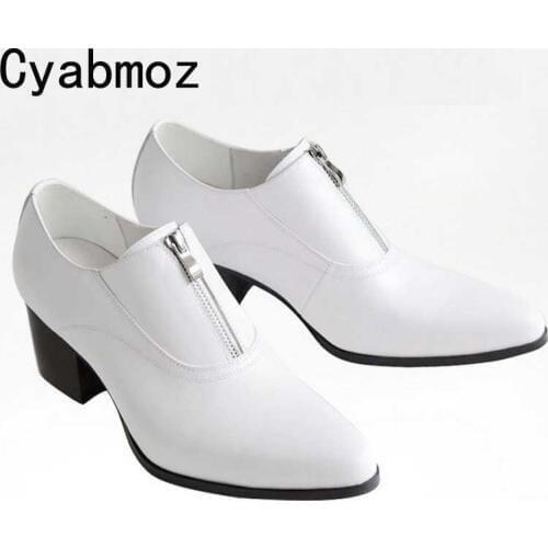 Man 6cm thick high heels mens genuine leather zip career work shoes mens pointed toe height increase fashion party wedding shoes