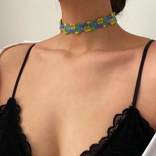 Vogallery Lace Flower Chokers Necklaces For Women Blue Yellow Embroidered Shot Necklace Jewelry Choker Summer Accessories