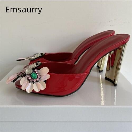 Beaded Sequins Crystal Flower Sandals For Girls Unique Strange High Heel Slingbacks Patent Leather Rhinestone Summer Mules Women