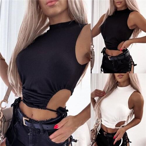 2021 Fashion Trend Womens Summer Casual Rib Knit Tank Tops Sleeveless Round Neck Solid Color Cut Out Lace Up Crop Sun-Tops