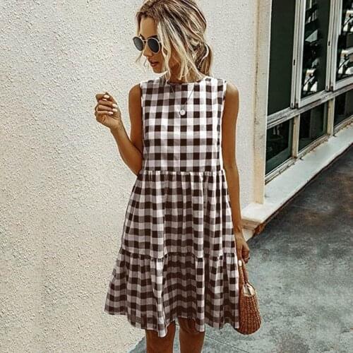2021 Womens Summer Dress Sleeveless Plaid Summer Casual Dress Loose Swing Holiday Dress Beach Party Dress Womens Clothing New