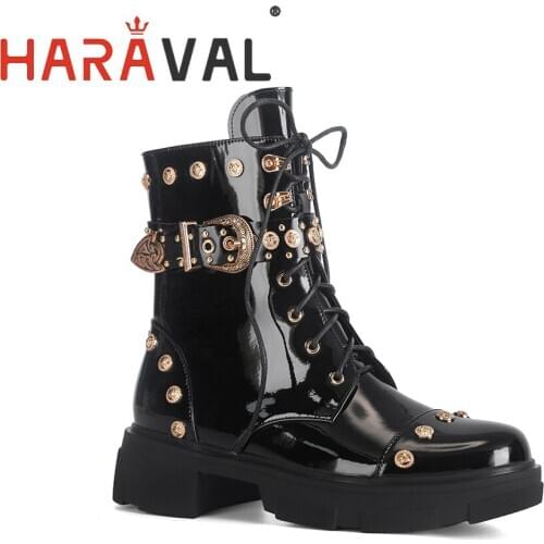 HARAVAL 2020 Fashion Womne Motorcyce Boots Buckle Lace Up Zipper Shoes For Lady luxurious Patent Leather Lady Shioes Flat E157L