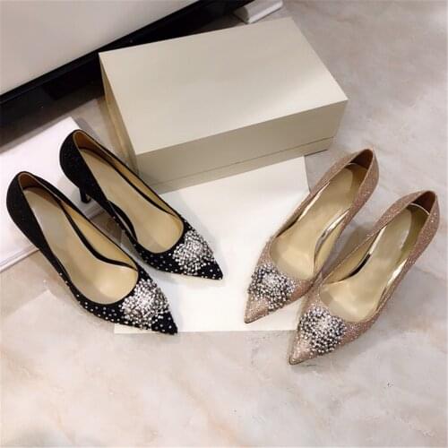2021 New Brand Womens Shoes Genuine Leather Womens Pumps Pointed Toes Gliter Pumps Crystal High Heels Dress Shoes Size 34-41