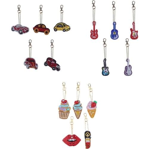 5pcs DIY Full Drill Special Shaped Diamond Painting Keychain Cross Stitch Kit Bag Key Chain Cross Stitch Kit Guitar Hat Keyring