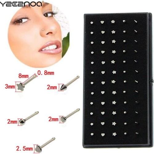 60pcs Women Surgical Steel Nose Piercing Set Star/ Heart Shape Nose Ring Set Stainless Steel Crystal Nose Ring Set
