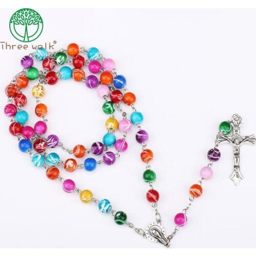 Top Quality Acrylic Beads Catholic Rosary Cross Pendant Necklace Statement Colorful Beads Religious Maxi Necklace For Women