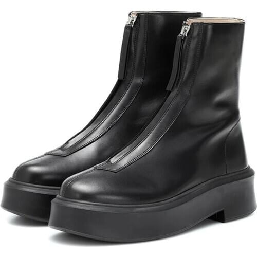 2020 Thick Sole Ankle Boots For Women Front Zip Leather Platform Shoes Luxury Brand Design Motorcycle Boots Winter Boots Women