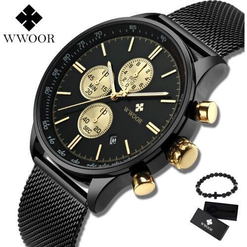 WWOOR Fashion Simple Mens Watches Brand Luxury Business Mesh Quartz Clock Male Chronograph Sports Watch Men relogio masculino