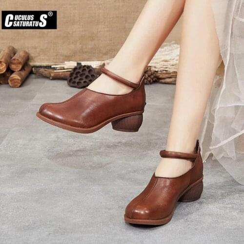 Cuculus heeled shoes woman mother shoes retro real leather Womens high heels Full-grain Cow Leather heel ladies single shoes