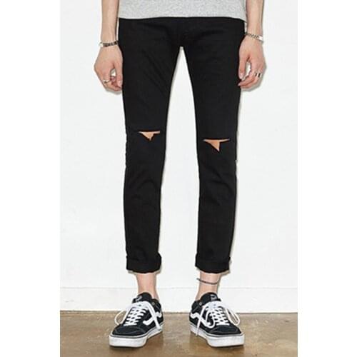 Fashion brand summer hole jeans mens slim black Capris elastic trend thin mens casual Leggings fashion men