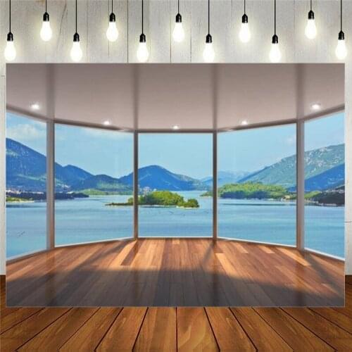 Business Office Sash Window Background Seaview Room French Photography Backdrop Wood Floor Casement Work at Home Interior