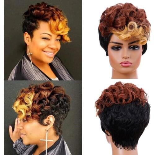 GURUILAGU Pixie Cut Short Wigs For Women Black Brown Blonde Ombre Color Synthetic Wig With Bangs Natural Wavy Wigs Women