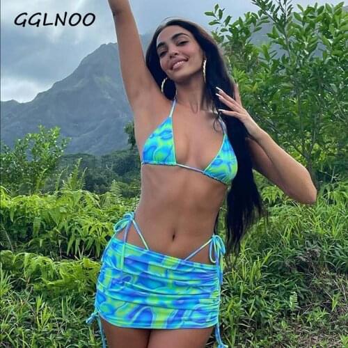 GGLNOO Bandage Halter Print 2021 Two Piece Sets Women Backless Sexy Hot Tops+Drawstring Stacked Skirts Summer Vacation Outfits