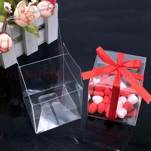 100 Pieces Square PVC Birthday Gift Box Transparent Wedding Favor Holder Chocolate Candy Boxes Event Sweet Candy Bags 5x5x5cm