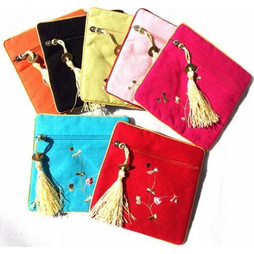 50pcs Chinese Embroidery Cotton Linen Square Zip Bags Small Christmasn Gift Pouches Jewelry Packaging Coin Purse Party Favors