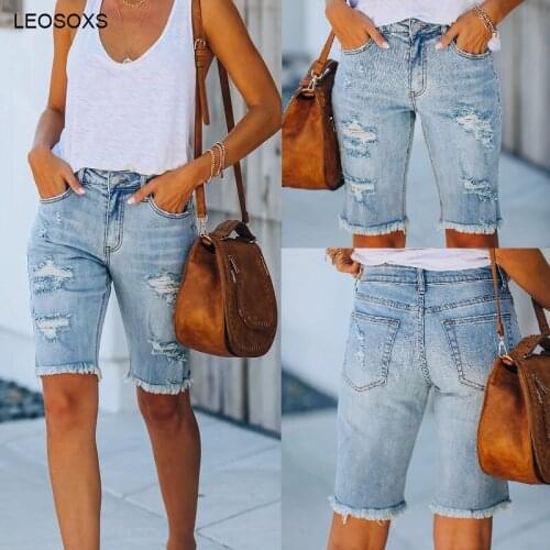 Summer Womens Pants 2021 New Street Straight Pants Mid Waist Womens Jeans With Holes Light Color Slim Denim Shorts