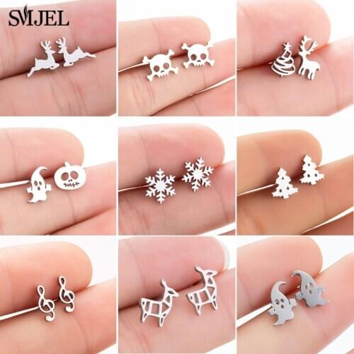 Cute Animal Deer Stud Earrings Small Skull Pumpkin Ghost Snowflake Earing for Girls Kid Stainless Steel Christmas Jewelry Women