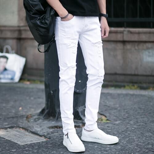 New Year Autumn Star Hole White Jeans Male Slim Korean Student Stretch Feet Pants Men Streetwear Ropa De Hombre 2020 Pants Men