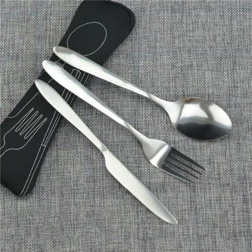 3pcs/Set Portable Stainless Steel Spoon Fork Steak Knife Set Travel Cutlery Tableware with Bag Outdoor Camping Tableware Set