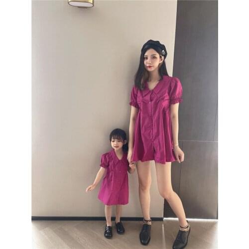 Mother Daughter Dress Girls V-neck 2021 Summer Family Matching Outfits Dress Summer Girl Women Purple Bubble Sleeve Dresses