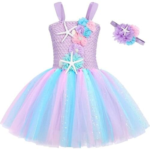 Toddler Girl Summer Sling Dress Mermaid Tulle Tutu Dress Girls Mermaid Birthday Princess Dress Kids Halloween Costume Outfits