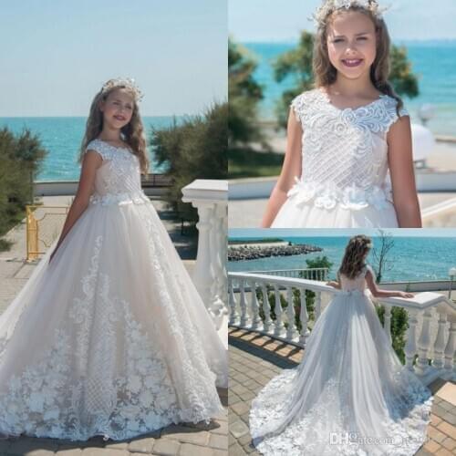 Beach Bead Girls Pageant Dresses Lace Appliques Kids Wedding Gowns A Line Flower Girls Dress With 3d Floral