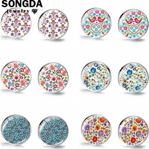 SONGDA Brand Polish Folk Art Patterns Glass Round Earrings Fashion Silver Plated Stud Earrings for Women Ethnic Bohemia Jewelry