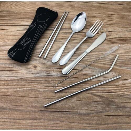 30sets Portable Flatware Set Reusable Stainless Steel Fork, Knife, Spoon, Chopsticks, Juice Straw and Cleaning Brush SN1115