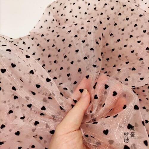Pink Black Sewing Fabric Tutu Flocking Heart Organza Fabric Polka Tulle Skirt Net Fabric For Woman Blouse Jumpsuit Fluffy Skirt