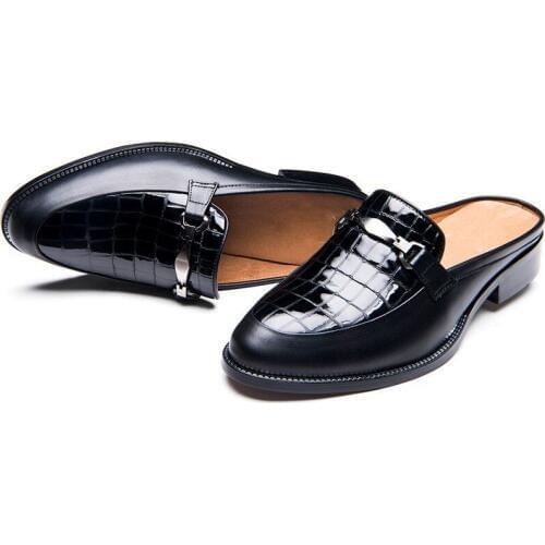 Brand Fashion Summer Mens Slip On Sandals Business Casual Slippers Loafers Man Pointed Toe Genuine Leather Sandals Footwear