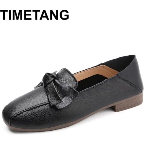 TIMETANG Spring and Autumn British Square Toe Genuine Leather Pumps Womens Casual All-Matching Bow Leather Shoes Dual-Purpose