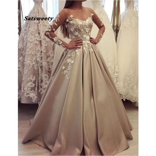 Robe De Soiree Evening Dress Long Satin Appliques Long Tulle Sleeves Prom Vestidos Party Gowns Evening Gowns