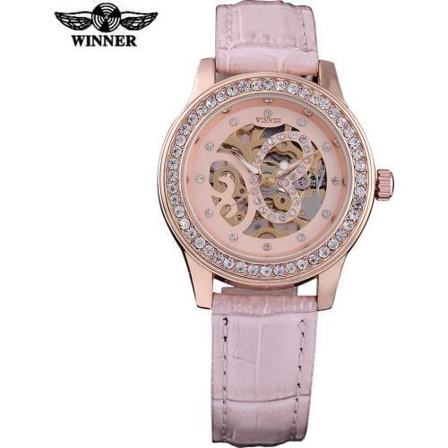 WINNER 2016 china brand women watches luxury mechanical hand wind watch skeleton pink dials rhinestone leather band montre femme