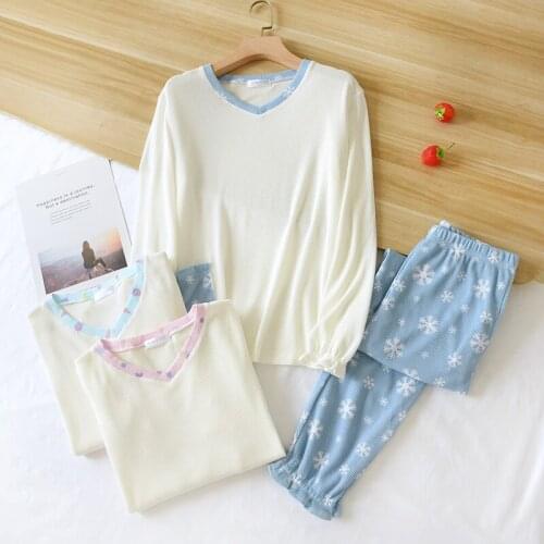 New Cotton Waffle V-neck Womens Pajamas Long Sleeve Trouser Suits Loose Sleepwear Thick Warm Home Clothes 2 Piece Lounge Wear
