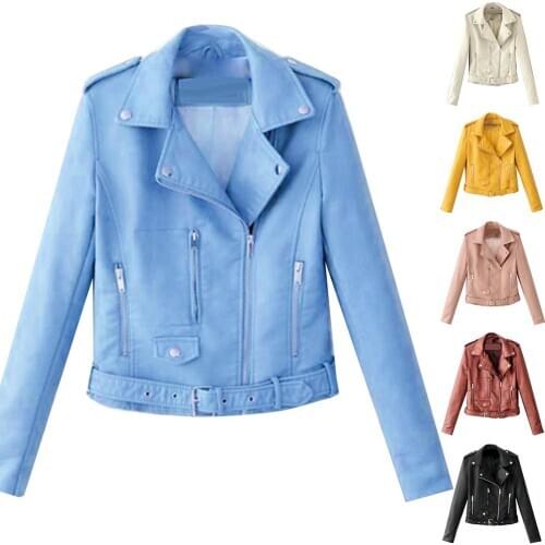 Lady Leather Long Sleeve Lapel Zipper Button Pocket Motorcycle Jacket Short Coat