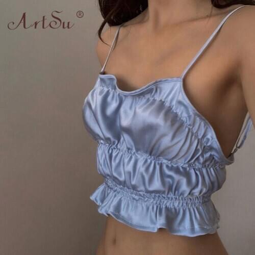 ArtSu Women 2020 Fashion Silk Satin Crop Top Blue Black Sexy Camis Tops Ruffles Summer Club Party Tank Top Camisole Femme