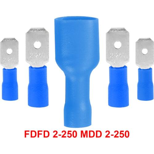 100pcs 50pairs 6.3mm 16-14AWG Female Male Electrical Wiring Connector Insulated Crimp Terminal Spade Blue FDFD 2-250 MDD 2-250