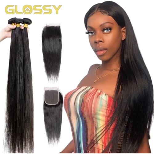 3/ 4 Straight Bundles With Closure 28 30 34 38 Inch Brazilian Human Hair Weave Bundles With Lace Closure 4x4 Remy