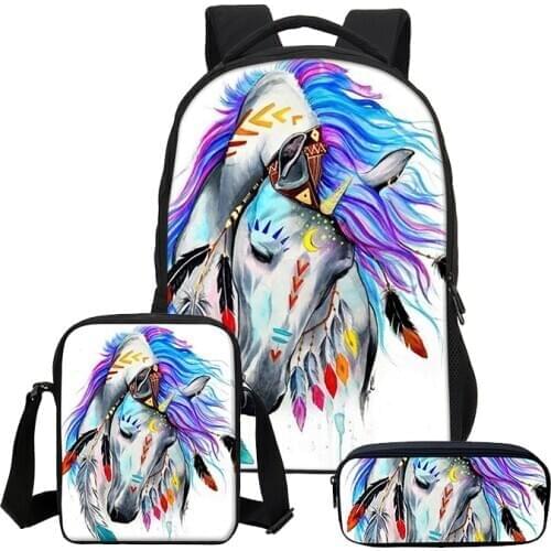 2020 New Hot 3 Pcs Set Children Cool Bookbag Fashion 3D Horse Printing Girls School Bag Casual Backpacks Boys Mochila Escolar