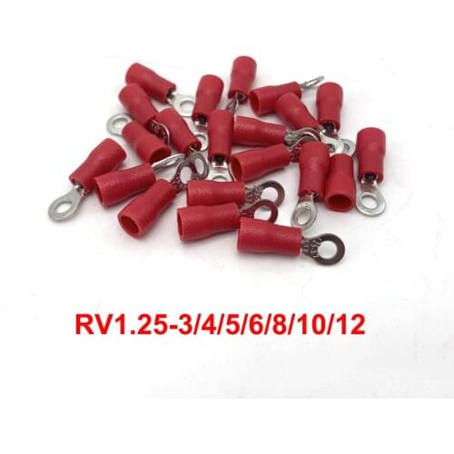 Red 50pcs RV1.25- 3 4 5 6 8 10 12 Ring Insulated Wire Connector Electrical Crimp Terminal Cable Wire Connector AWG